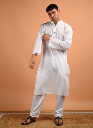 Blended Cotton Kurta Pyjama In White