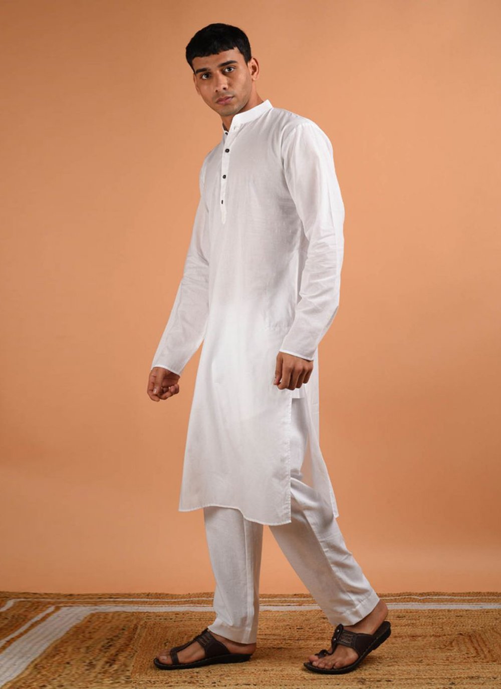 Blended Cotton Kurta Pyjama In White Buy Online