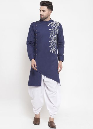 Blended Cotton Kurta Pyjama with Embroidered Work