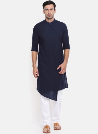 Blended Cotton Plain Indo Western in Navy Blue