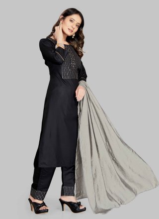 Blended Cotton Printed Pant Style Suit in Black