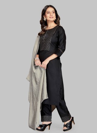 Blended Cotton Printed Pant Style Suit in Black