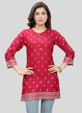 Blended Cotton Printed Red Casual Kurti
