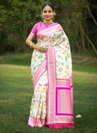 Blooming Off White Banarasi Silk Contemporary Sari