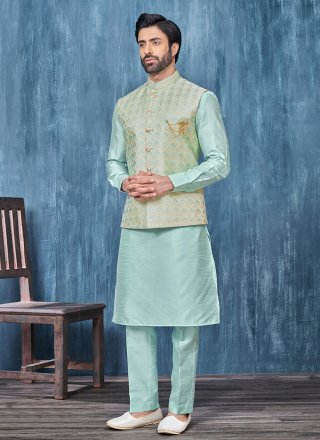 Blue and Cream Jacquard Kurta Payjama with Jacket