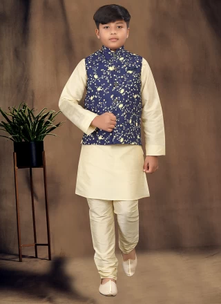 Blue and Cream Silk Mehndi Kurta Payjama With Jacket