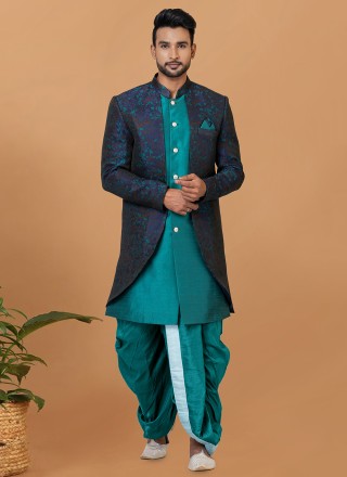 Blue and Green Jacquard Silk Indo Western Sherwani