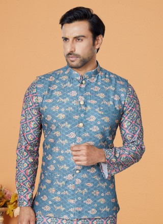 Blue and Multi Colour Embroidered Kurta Payjama With Jacket