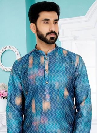 Blue and Multi Colour Fancy Fabric Digital Print Kurta Pyjama