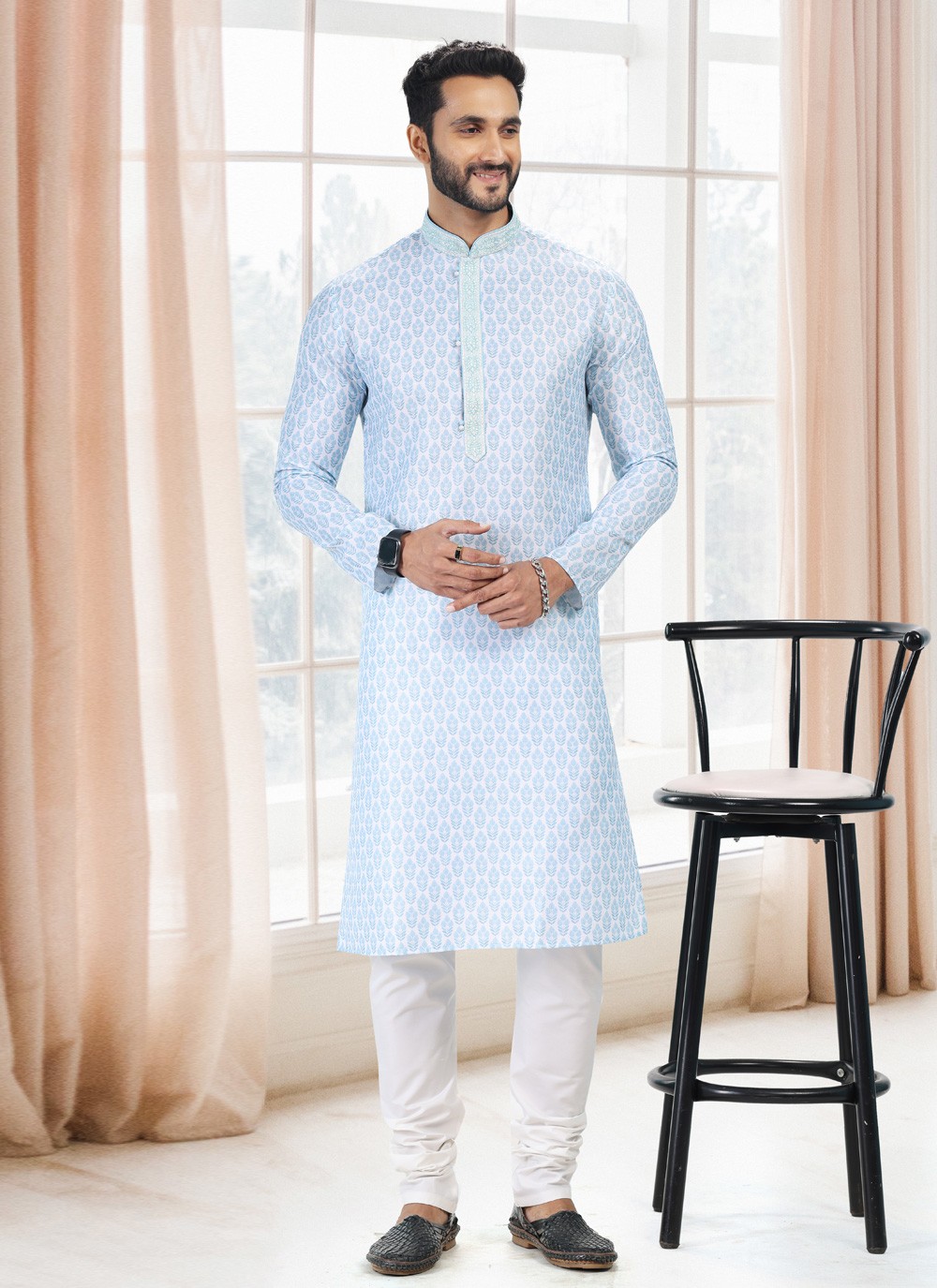 Blue and Off White Fancy Cotton Kurta Pyjama
