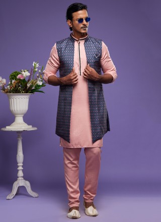 Blue and Pink Digital Print Art Banarasi Silk Kurta Payjama With Jacket
