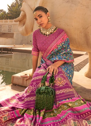 Blue and Purple Patola Silk  Weaving Classic Saree