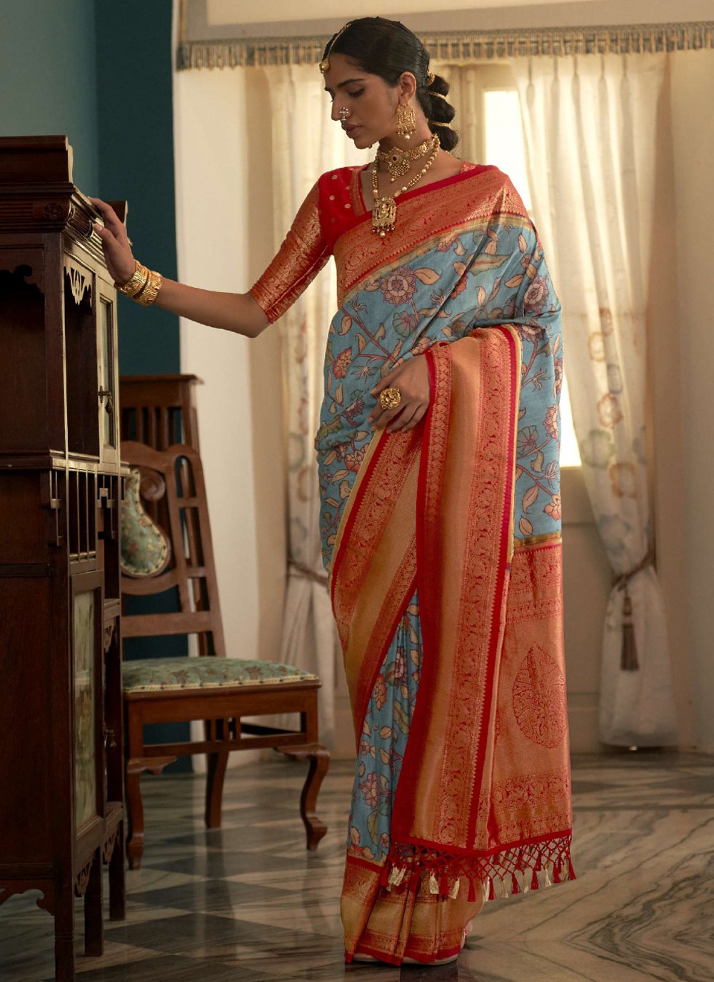 Blue and Red Color Banarasi silk Traditional Wear Saree - Krystie Coll –  YellowFashion.in