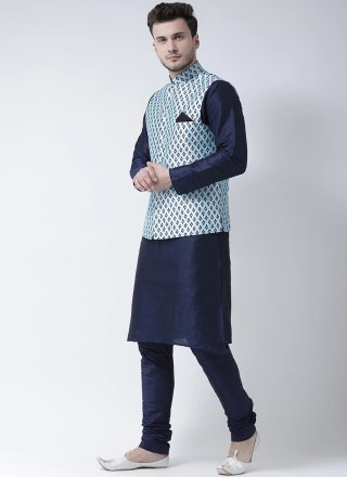 Blue and Turquoise Dupion Silk Kurta Payjama with Jacket with Print Work