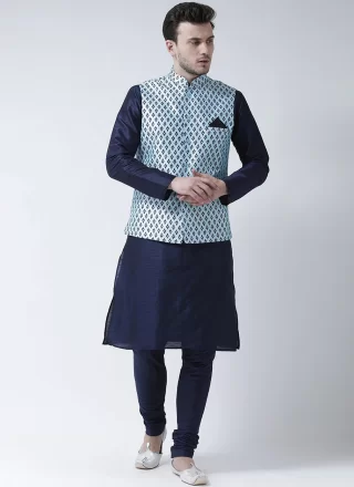 Blue and Turquoise Dupion Silk Kurta Payjama with Jacket with Print Work