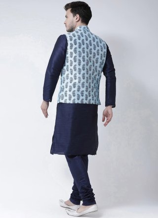 Blue and Turquoise Dupion Silk Kurta Payjama with Jacket with Print Work for Festival