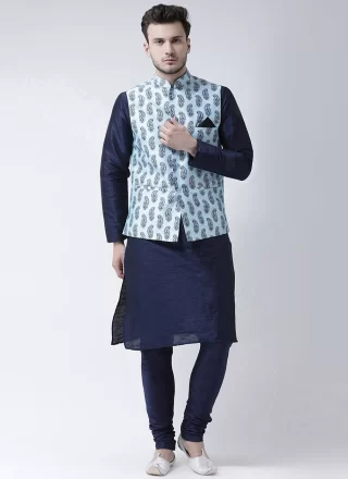 Blue and Turquoise Dupion Silk Kurta Payjama with Jacket with Print Work for Festival