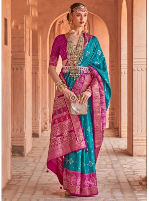 Blue and Turquoise Silk Trendy Saree