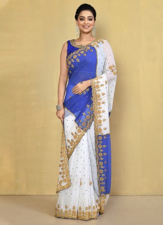 Blue and White Color Classic Saree