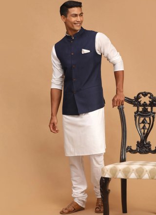 Blue and White Cotton Plain Work Kurta Payjama with Jacket