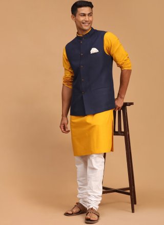 Blue and Yellow Cotton Plain Work Kurta Payjama with Jacket