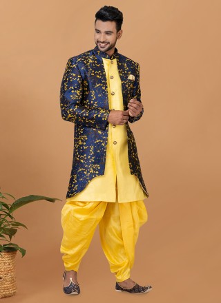 Blue and Yellow Dupion Silk Mehndi Indo Western Sherwani