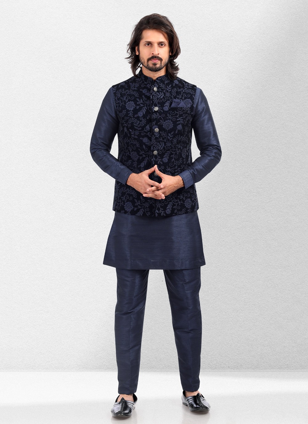 Blue Art Banarasi Silk Thread Work Kurta Payjama With Jacket