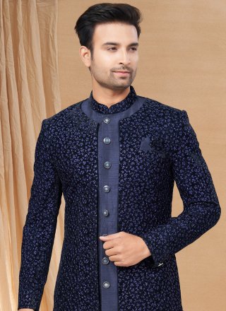 Blue Art Silk Indo Western with Patch Border Work for Men