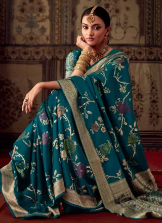 Blue Banarasi Silk Contemporary Sari with Weaving Work for Ceremonial