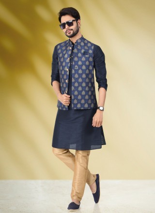 Blue Banarasi Silk Printed Kurta Payjama With Jacket