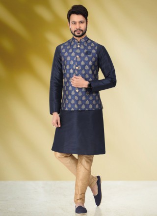 Blue Banarasi Silk Printed Kurta Payjama With Jacket