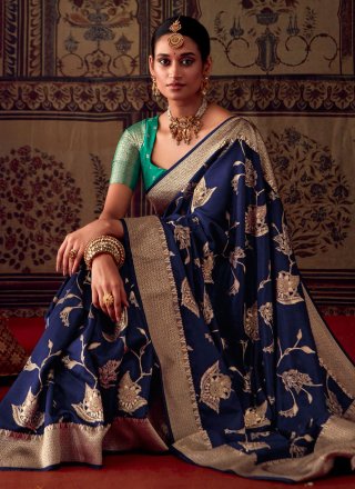 Blue Banarasi Silk Weaving Work Designer Saree for Women