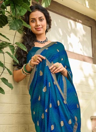 Blue Chiffon Contemporary Saree with Foil Print Work for Ceremonial