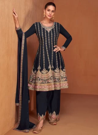 Blue Chinon Salwar Suit with Embroidered and Resham Work for Ceremonial
