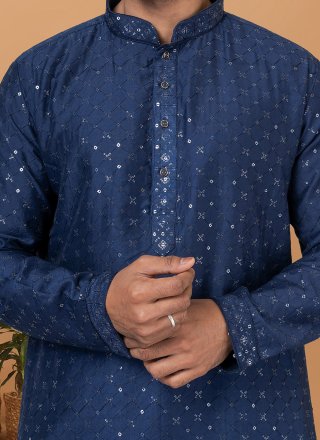 Blue Cotton Embroidered and Sequins Work Kurta Pyjama for Engagement