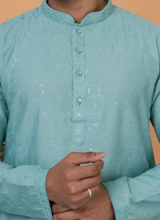 Blue Cotton Kurta Pyjama with Embroidered and Sequins Work for Men