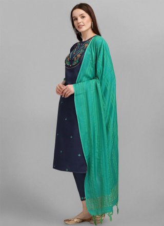 Blue Cotton Pant Style Suit with Embroidered Work for Women