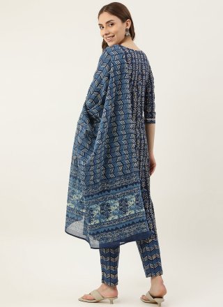 Blue Cotton Pant Style Suit with Print Work