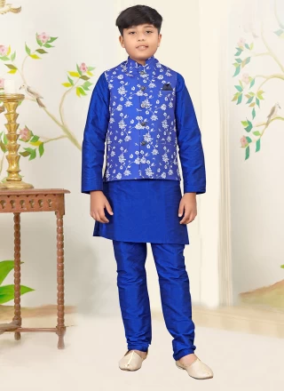 Blue Digital Print Work Silk Kurta Payjama With Jacket