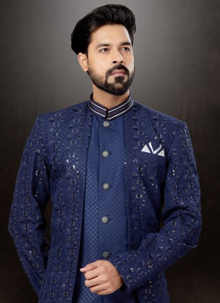 Blue Embroidered Party Indo Western Sherwani