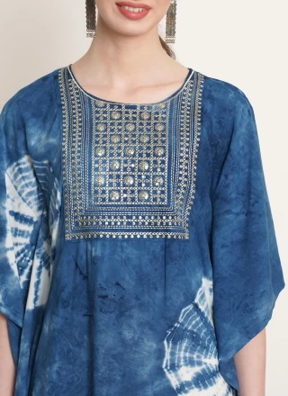Blue Embroidered Rayon Designer Kurti