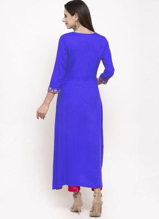 Blue Embroidered Rayon Party Wear Kurti