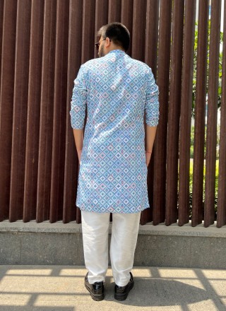 Blue Embroidered Soft Cotton Kurta Pyjama