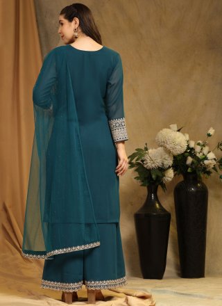 Blue Faux Georgette Palazzo Salwar Suit with Embroidered Work