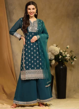Blue Faux Georgette Palazzo Salwar Suit with Embroidered Work