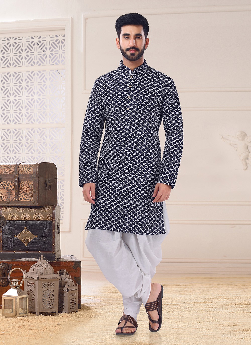 Shop Online Blue Festival Silk Dhoti Kurta 249272