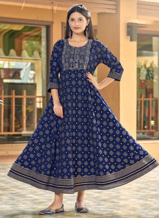 Blue Foil Print Casual Casual Kurti