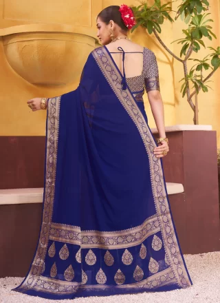 Blue Georgette Jacquard Work Designer Sari for Women