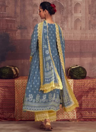 Blue Muslin Salwar Suit with Digital Print and Embroidered Work