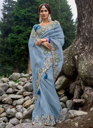 Blue Organza Embroidered Work Trendy Saree for Women